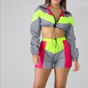 Women's Unbranded Color Block Yellow Pink Gray Rain Jacket & Shorts Outfit